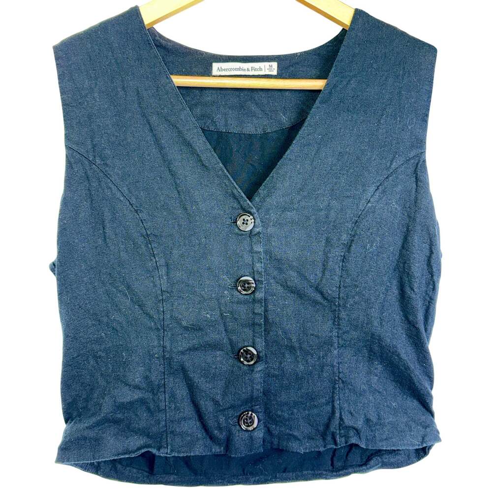 Abercrombie & Fitch Black Linen Blend V Neck Button Front Vest Top Womens Size M